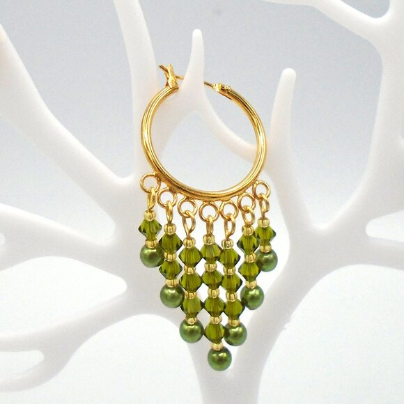 NWT ~ AUSTRIAN CRYSTALS and Crystal Pearls Hoop Chandelier Earrings Olivine NWT - Picture 2 of 2